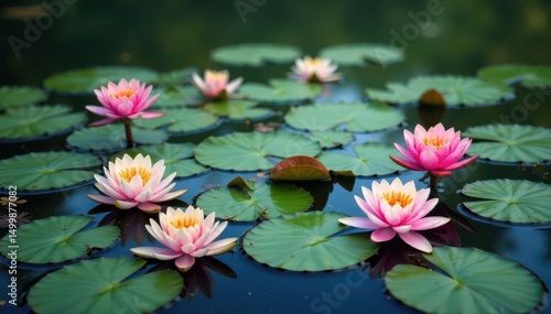 Water lilies forming a natural floral pattern on a lake, background, waterlily