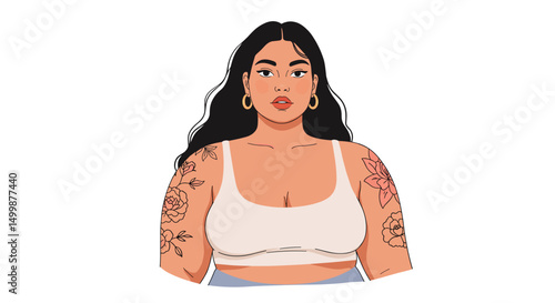 Plus size model with tattoos posing confidently in casual attire  