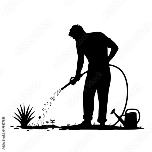Silhouette of a man watering plants with a hose, standing in a garden beside a watering can, isolated on a white background, symbolizing gardening and outdoor care.
