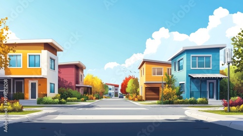 Vibrant Suburban Street Scene: Colorful Autumn Houses