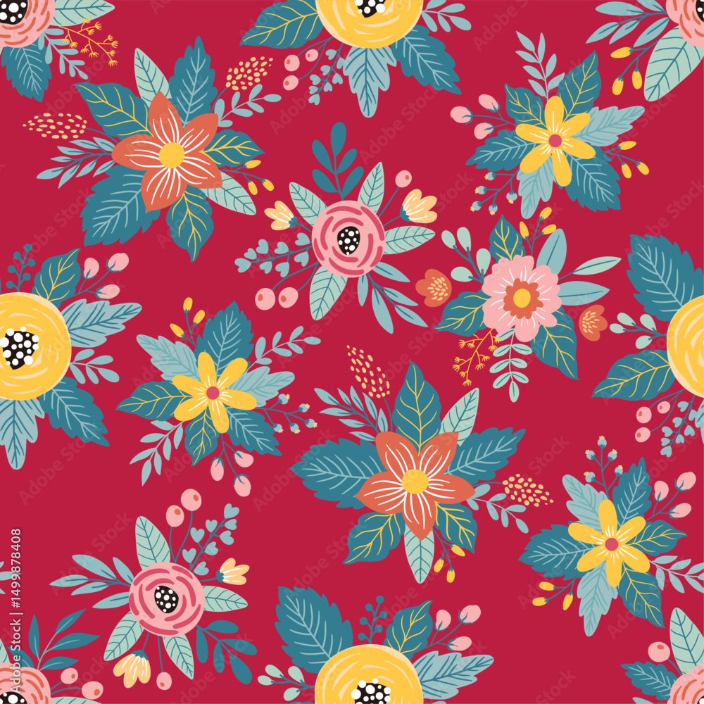 custom made wallpaper toronto digitalSeamless vector pattern with bright colorful flowers on a vibrant pink background. Bold and cheerful floral design perfect for fabric, wallpaper, wrapping paper, and spring-summer themed projects.