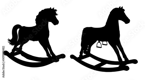 Two rocking horses silhouettes isolated on white background, Minimalist nursery decoration outline shapes, children's room art simple design element