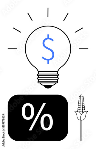 Lightbulb with dollar sign radiates ideas of financial innovation percentage highlights economics corn stalk symbolizes agriculture. Ideal for finance, innovation, energy, economics, sustainability