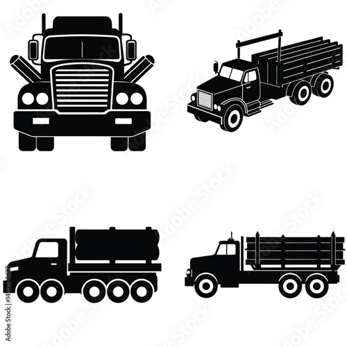 Logging Truck Silhouette Vector Set – Heavy-Duty Timber Haulers, Forestry Transport, and Industrial Wood Carrier Vehicle Outlines