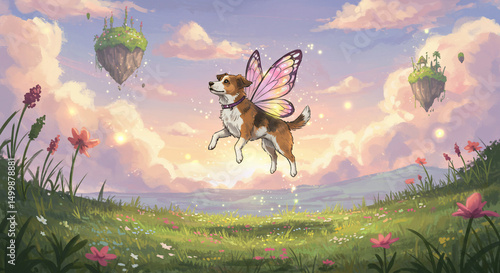 Cute cartoon illustration of a fun animal in a spring nature landscape with a sun setting over green grass and flowers photo