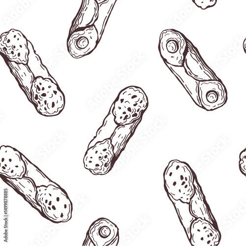  Vector  seamless pattern with hand-drawn cannoli,  Italian dessert. 
