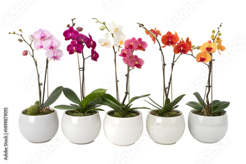 Wallpaper Mural Five mini orchids in stylish round pots, spaced evenly, with a transparent background Torontodigital.ca