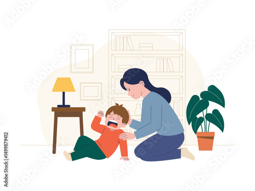 Mère réconfortant son enfant en pleurs à la maison – illustration vectorielle