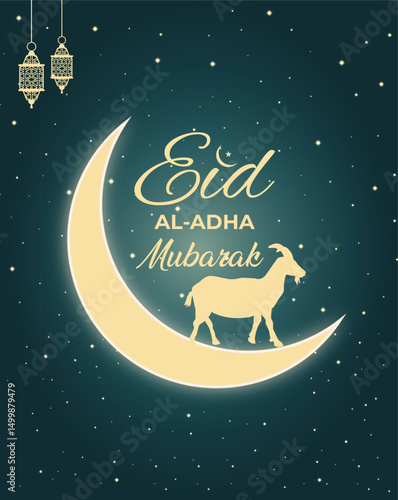 Eid AlAdha Mubarak with Crescent Moon and Goat Silhouette