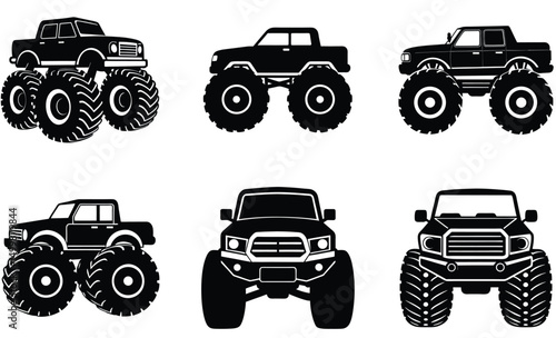 Monster Truck Silhouette Vector Set – Off-Road Giant with Oversized Tires, Stunt Show Vehicle, and Extreme Motorsport Design