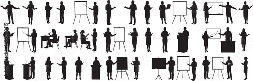 Presentation silhouettes vector set of people presenting and teaching with boards and podiums in black