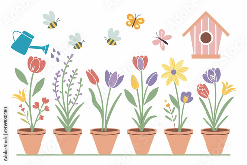 Spring tulips and flowers blooming in pots in a colorful garden setting