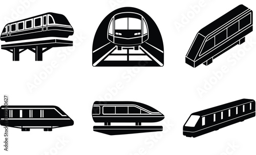 Monorail Train Silhouette Set – Modern Urban Transit Vector Illustration for Futuristic, Public Transportation and Cityscape Designst