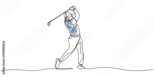 Man playing golf continuous one line drawing. professional golfer swinging the stick in single line art illustration. Editable vector, Man playing golf continuous one line drawing. professional golfer