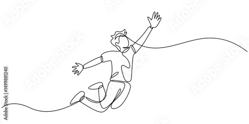Happy jumping celebrating  illustration in continuous one line drawing. Happy person jumping high giving high five in one line draw. Editable vector, continuous line drawing of four jumping happy team