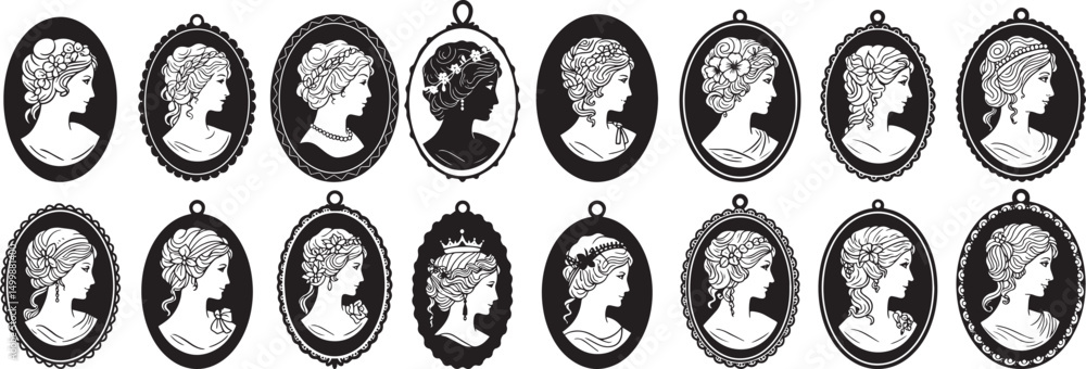 Ταπετσαρία Vintage cameo vector set antique woman silhouette portraits jewelry design eleme