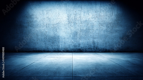 Empty modern room with concrete wall and tiled floor  minimalistic and industrial style  cool blue tones  clean and spacious environment  suitable for design or presentation background