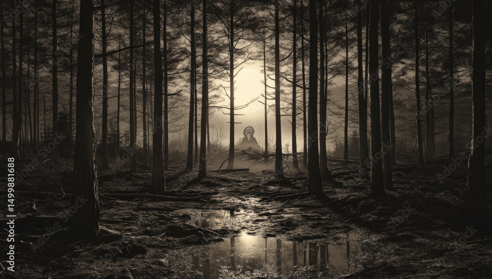 Fototapeta premium Misty, dark forest scene with indistinct structure