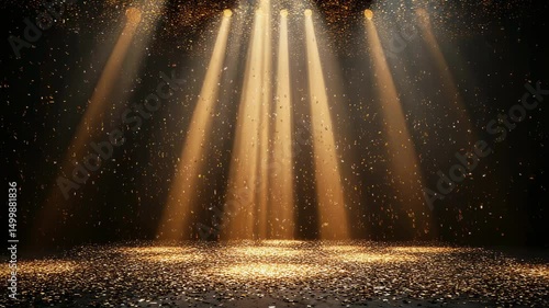 Golden confetti falling under spotlights creating a celebration atmosphere