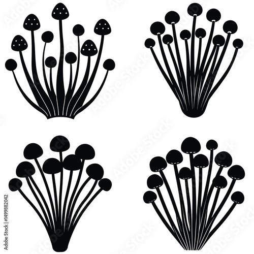 Enoki Mushroom Silhouette – Delicate Thin-Stemmed Fungi Vector Illustration for Culinary, Botanical, and Organic Food Designs