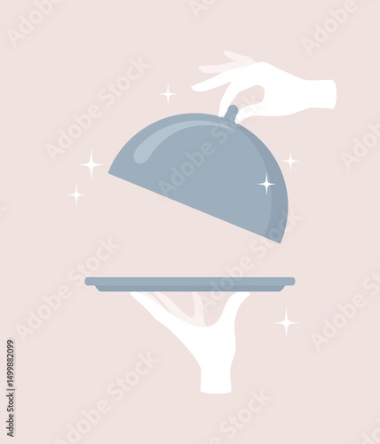 Hands in white gloves holding a cloche and opening the lid on a beige background. Flat vector illustration