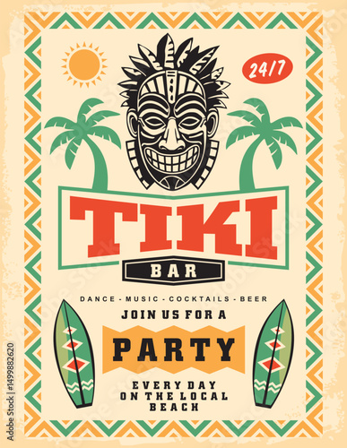Poster invitation design for Tiki bar beach party with Tiki mask graphic, palm trees and colorful surfboards. Retro flyer template. Beach bar vector illustration.
