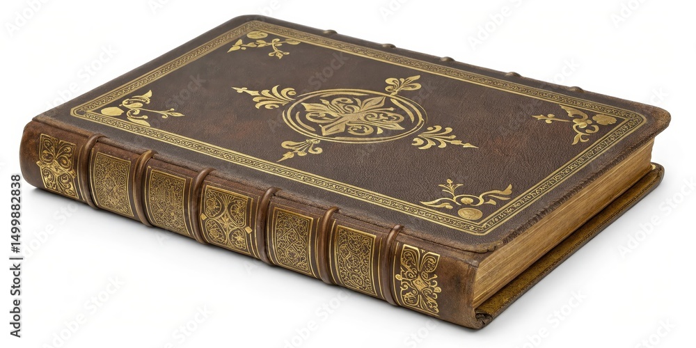 Fototapeta premium Ornate Leather-Bound Book with Gold Details, Antique , Vintage