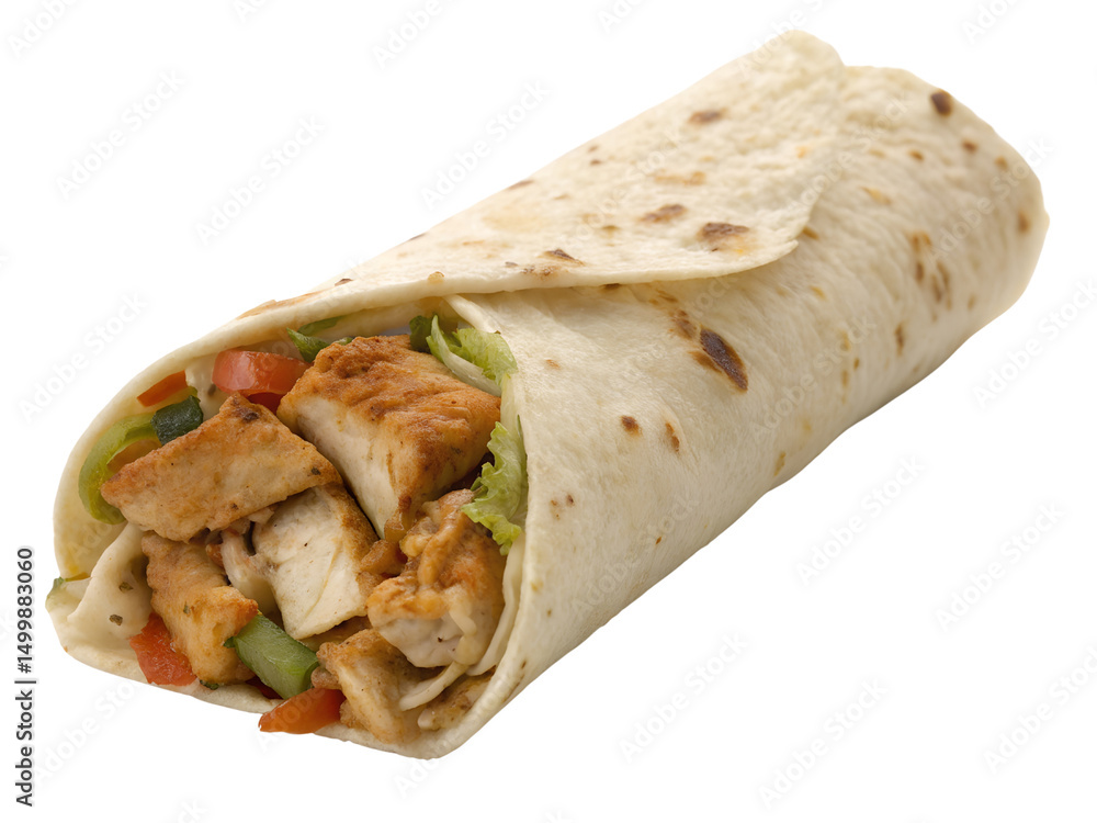 Delicious Chicken Wrap with Vegetables and Tortilla Isolated on transparent background cutout, PNG file, Cutout file Delicious Chicken Wrap with Vegetables and Tortilla Isolated on transparent background cutout, PNG file, Cutout file