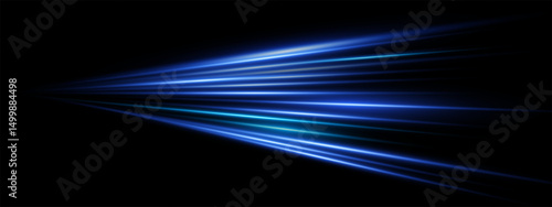Blue light speed streaks with perspective dynamic motion trail on dark background. Neon laser beams and bright flares. Fast futuristic highway effect. Vector abstract glowing velocity energy design