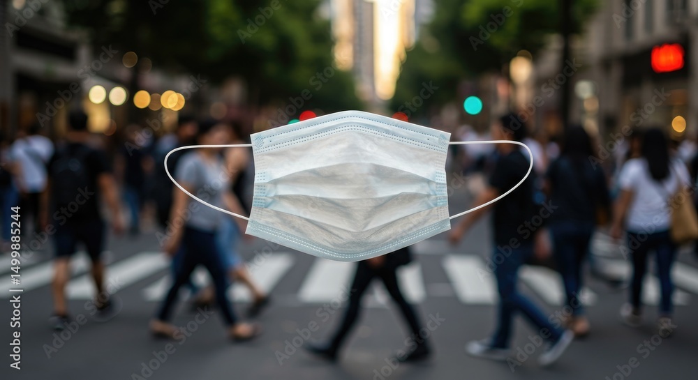 Obraz premium Protective face mask hanging in busy urban crosswalk with pedestrians 