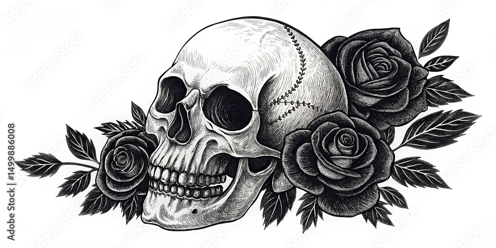 custom made wallpaper toronto digitalSkull and Roses Sketch Gothic Floral Tattoo Design ,skull art, dark art