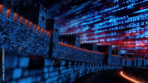 Futuristic digital landscape featuring a medieval castle wall with binary code overlay at night