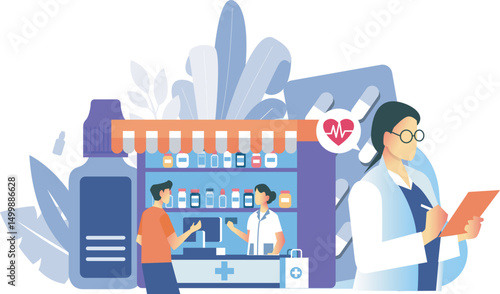 medical team of pharmacy with medicine vector illustration 