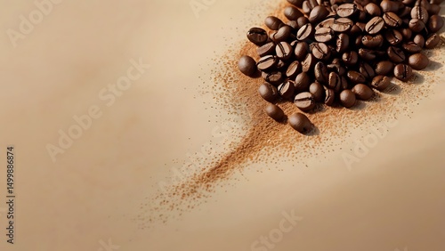 Elegant still life with roasted coffee beans and coffee powder, showcasing aromatic richness