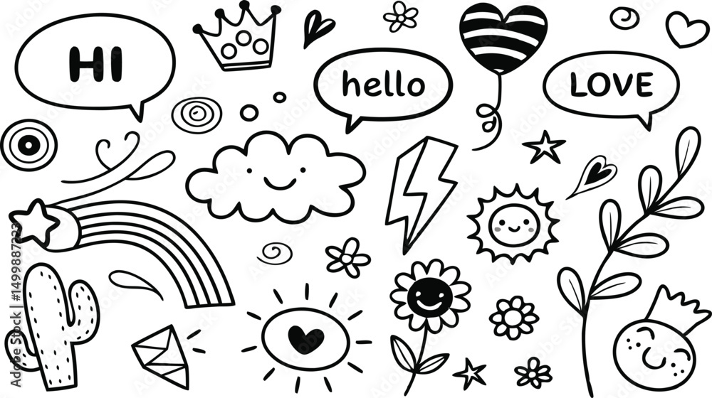 Fototapeta premium cute hand drawn doodle vector set,a seamless vector doodle illustration in black and white. love, Natural , firework, cloud, weather, rainbow, snow, heart and creative design vector collection.