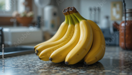 A Bunch of Ripe Bananas: A vibrant collection of ripe bananas is gracefully arranged on a polished countertop, presenting a vision of freshness. A still life of breakfast.