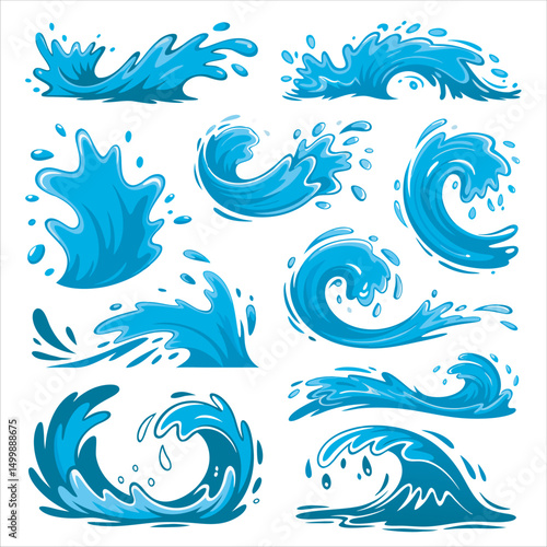 Cartoon Water Waves and Splashes, A Collection of Blue Water Graphics