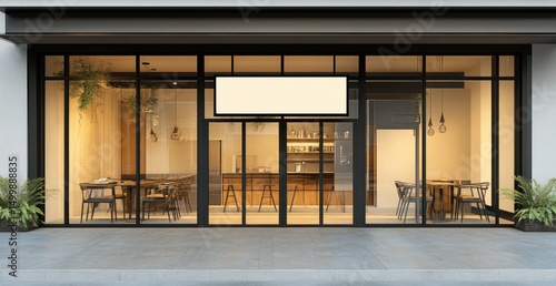 Modern storefront with large glass windows, showcasing a warmly lit interior featuring wooden furniture, a bar, and simple decor.  A blank rectangular sign hangs above the entrance