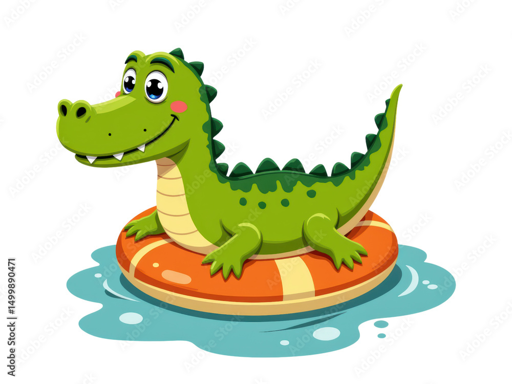 Naklejka premium Smiling cartoon crocodile lounging on a bright inflatable in refreshing pool, summer delight