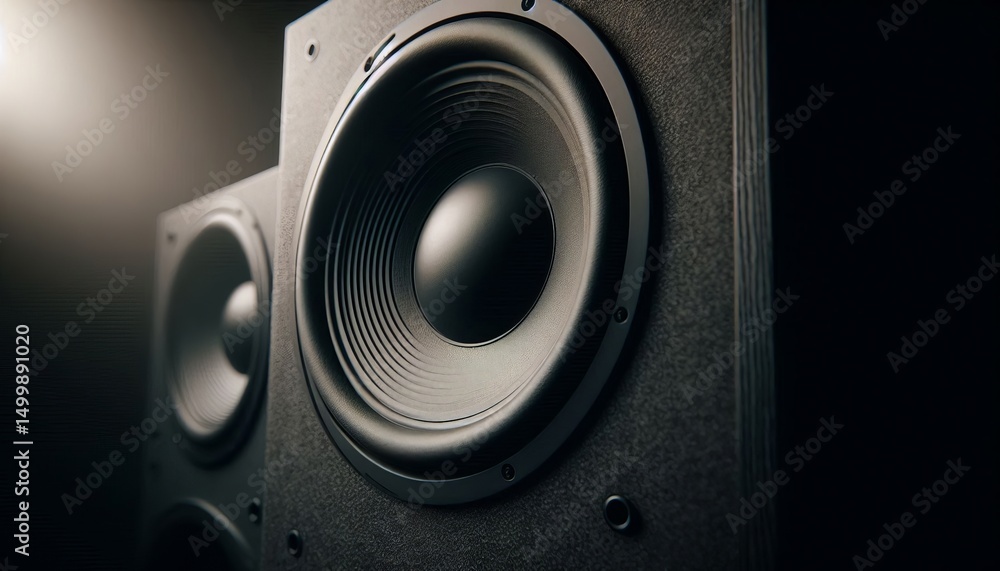 A close-up of a powerful black subwoofer, highlighting its textured surface and large, deep speaker cone A close-up of a powerful black subwoofer, highlighting its textured surface and large, deep speaker cone