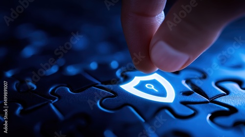 Close-up of a hand pressing a glowing shield icon on a dark puzzle piece background
