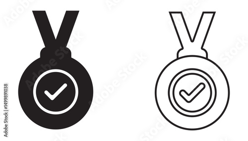 Medal Icons with Check Marks. Approval , verified, quality symbol. Certified, qualified medal icon vector.
solid and line icon.