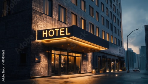 Modern hotel exterior at night