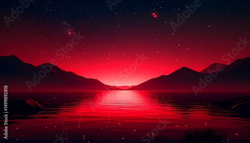 Red Night Sky with Mountain Lake.