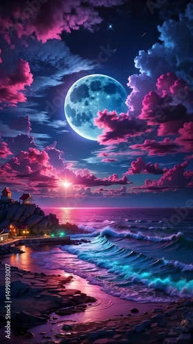Wallpaper Mural Magical Full Moon over Ocean Coastline at Night - Surreal Seascape with Pink Clouds and Glowing Waves Torontodigital.ca