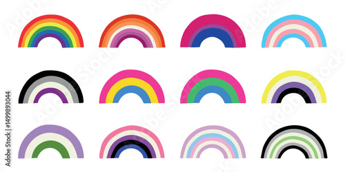 Set of colorful LGBTQ+ pride flag rainbows Gender equality and sexual identity pride flags collection LGBTQIA community pride month