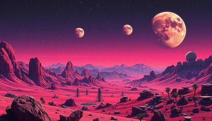 Leinwandbilder Aubergine Retro sci-fi alien landscape with multiple moons, vintage textures, detail, artwork  © Bamphen