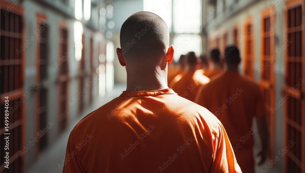 Fototapeta premium Prisoners walking in a jail corridor