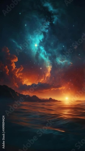 Spectacular Sunset over Ocean with Vibrant Nebula and Starry Sky