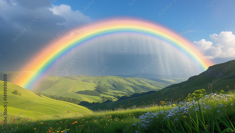 Naklejka premium Landscape of a rainbow arching over blooming fields and hills under a serene blue sky. Vibrant natural scene ideal for environmental themes and uplifting visuals.